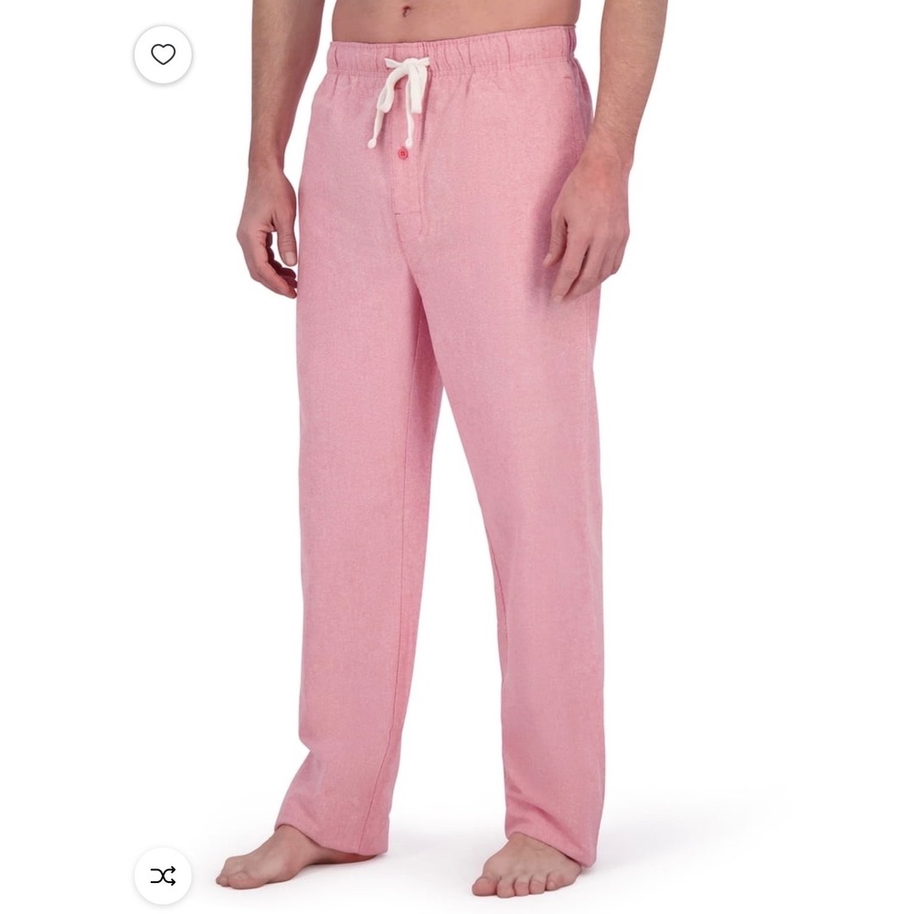 Mens Oxford Cotton Lounge Pants Pink Drawstring Pajama Bottoms Sleepwear Pockets